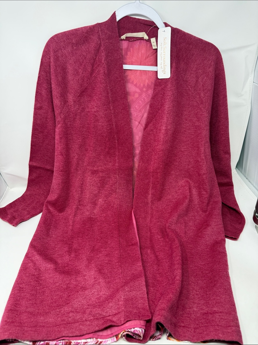 Women’Soft Surroundings Raspberry Open-Front Cardigan- flowered pattern on back